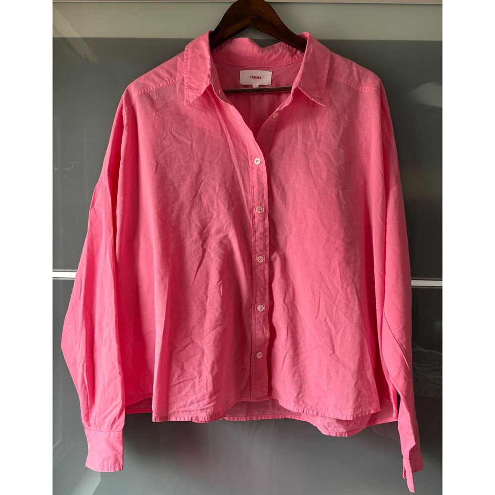 Xirena Beau Bowie Button Down Shirt Pink Cotton Poplin Open Back Large Made USA